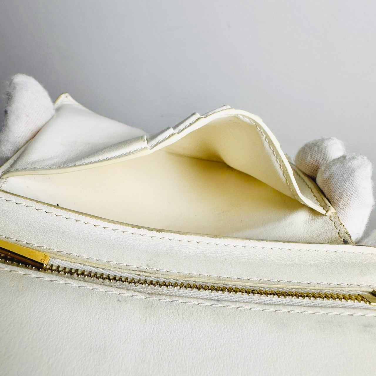 Celine White / Tan GHW Grained Calfskin Leather Logo Medium Strap Compact Bifold Wallet