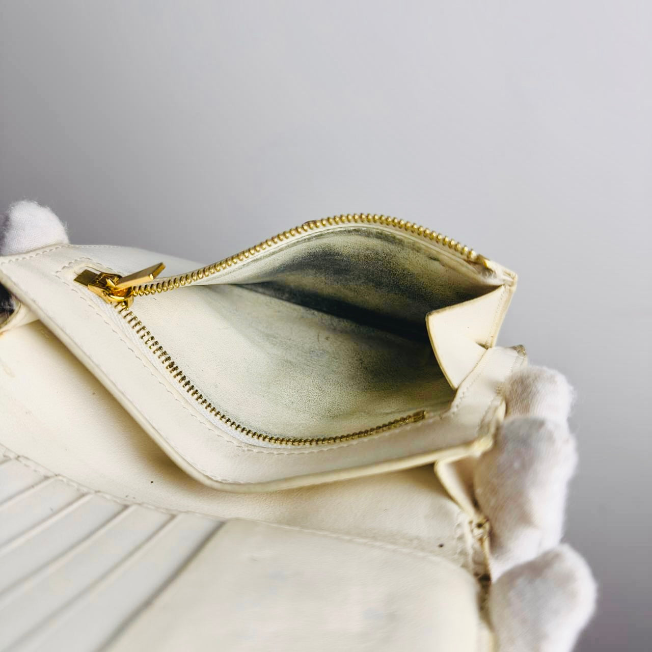 Celine White / Tan GHW Grained Calfskin Leather Logo Medium Strap Compact Bifold Wallet