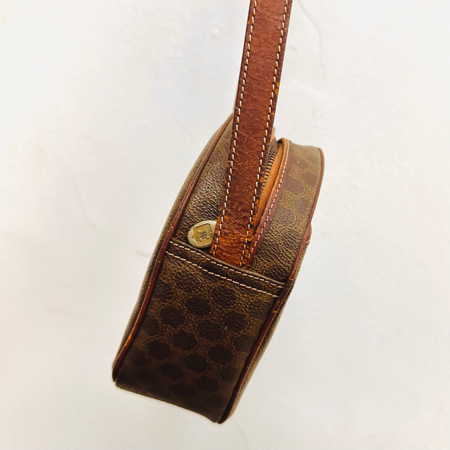 Celine Brown Triomphe Macadam Monogram Logo Small Round Vintage Shoulder Sling Bag