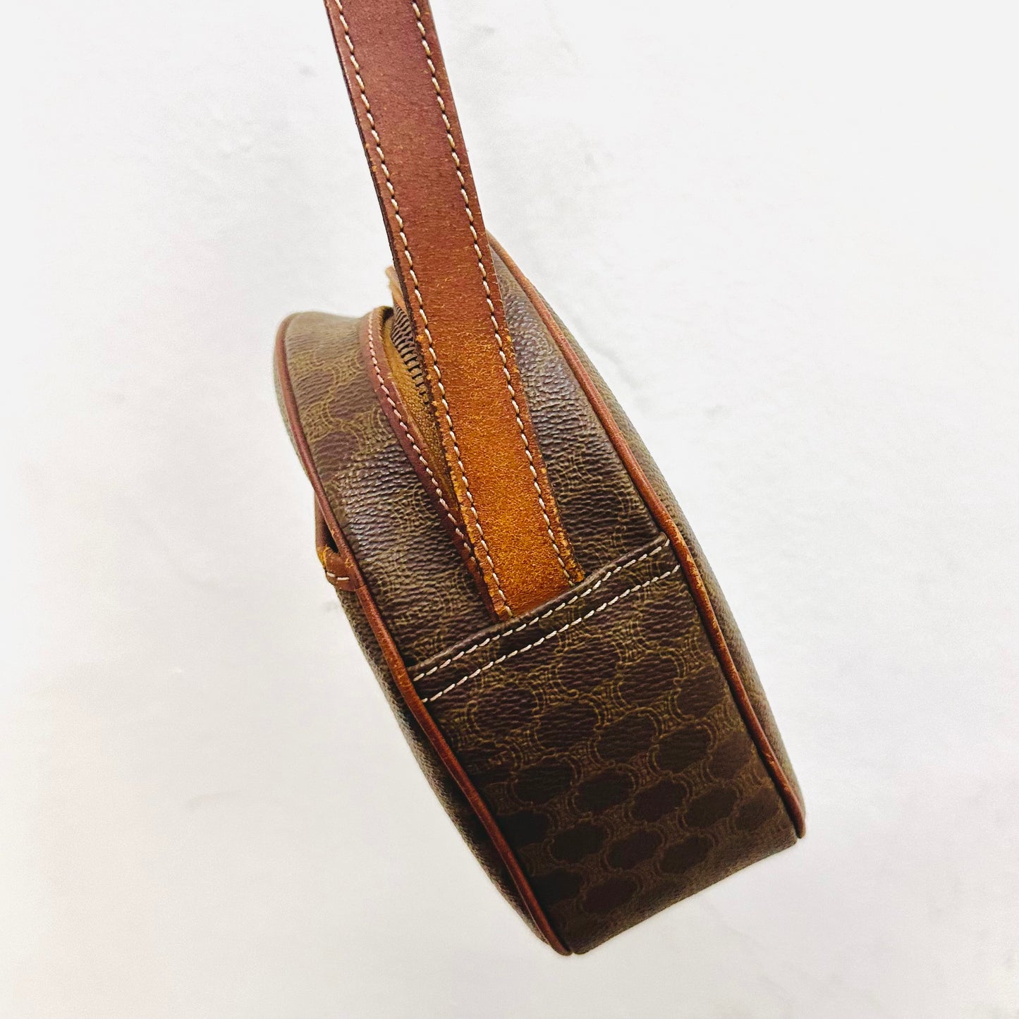 Celine Brown Triomphe Macadam Monogram Logo Small Round Vintage Shoulder Sling Bag