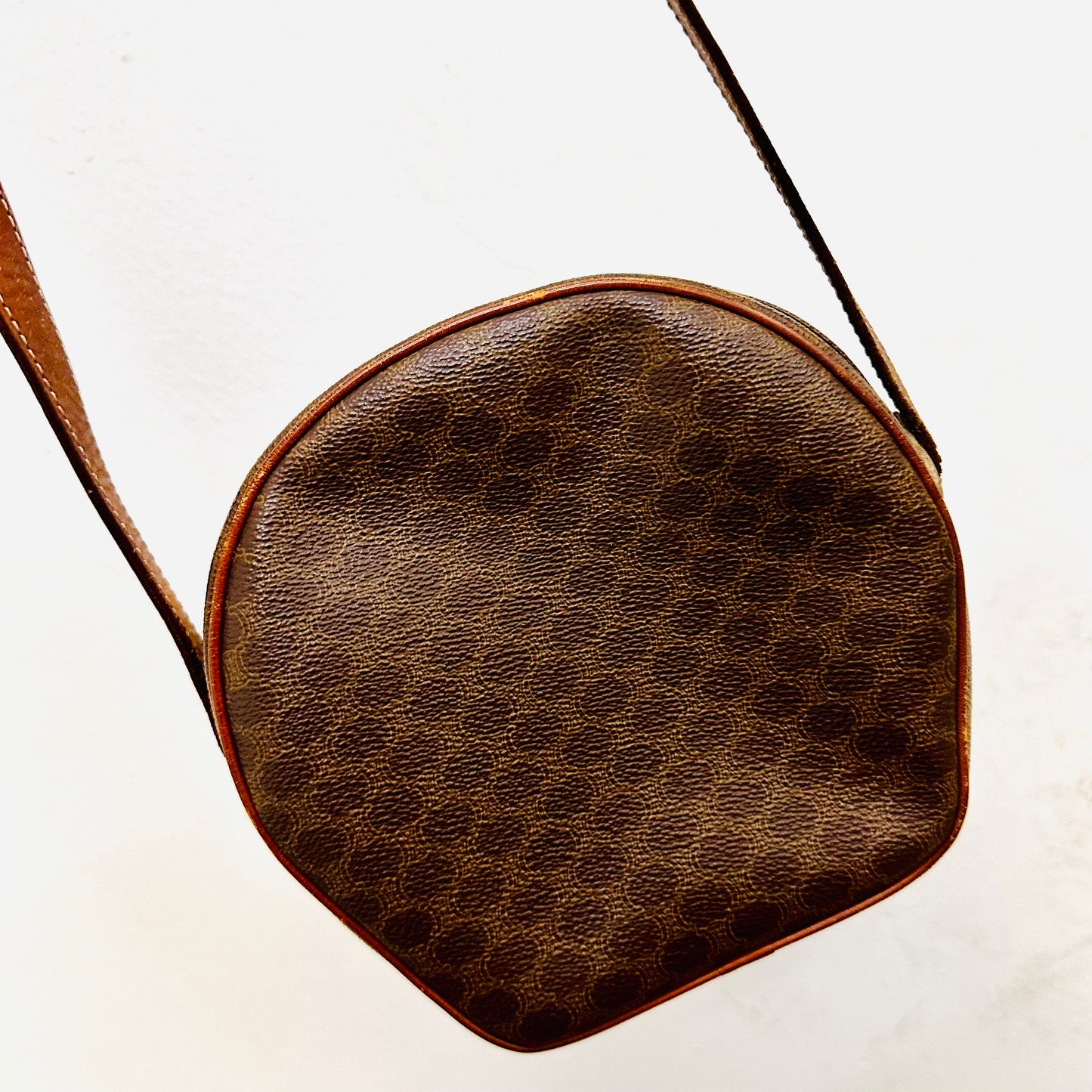 Celine Brown Triomphe Macadam Monogram Logo Small Round Vintage Shoulder Sling Bag