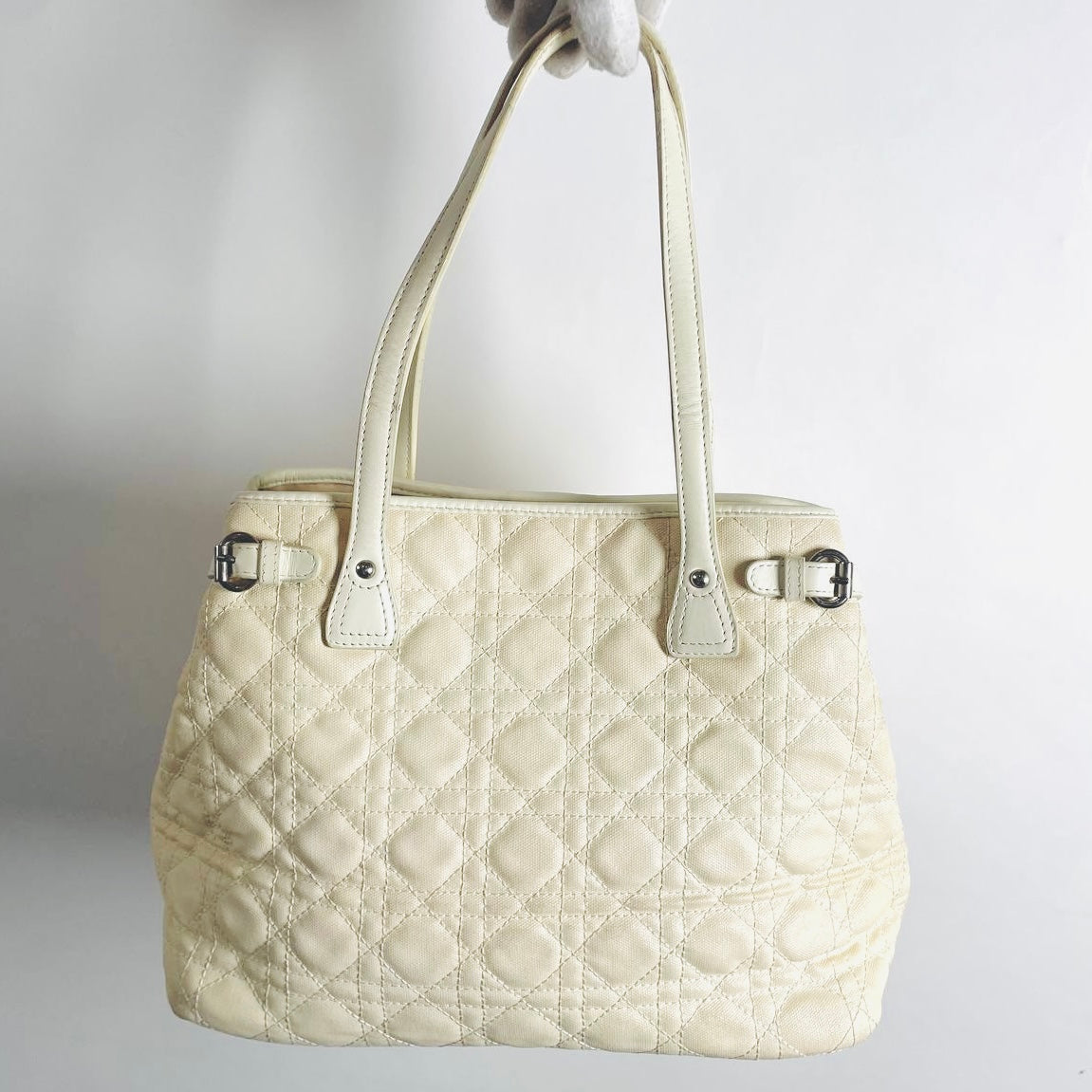 Christian Dior CD Lady Dior Cream White Cannage Quilted Shopper Shoulder Tote Bag