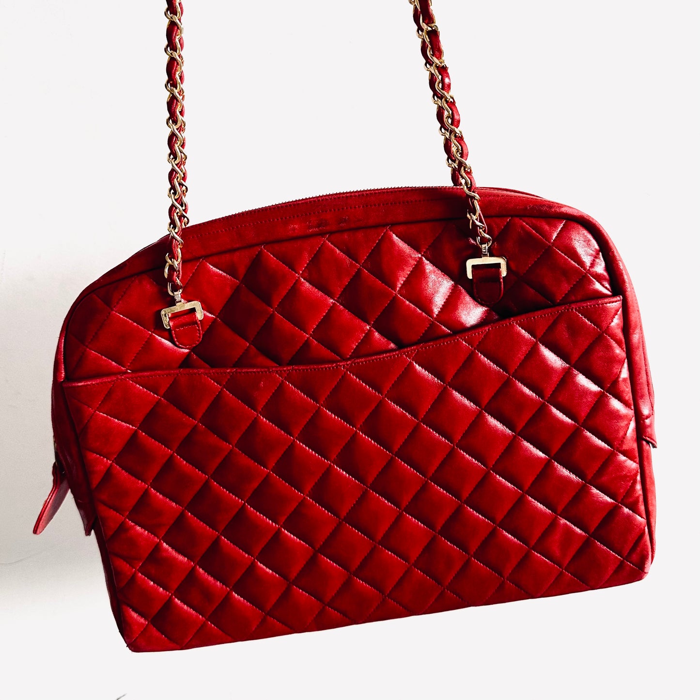 Chanel Cherry Red GHW Giant CC Logo Quilted Lambskin Vintage Shoulder Sling Tote Bag 1s