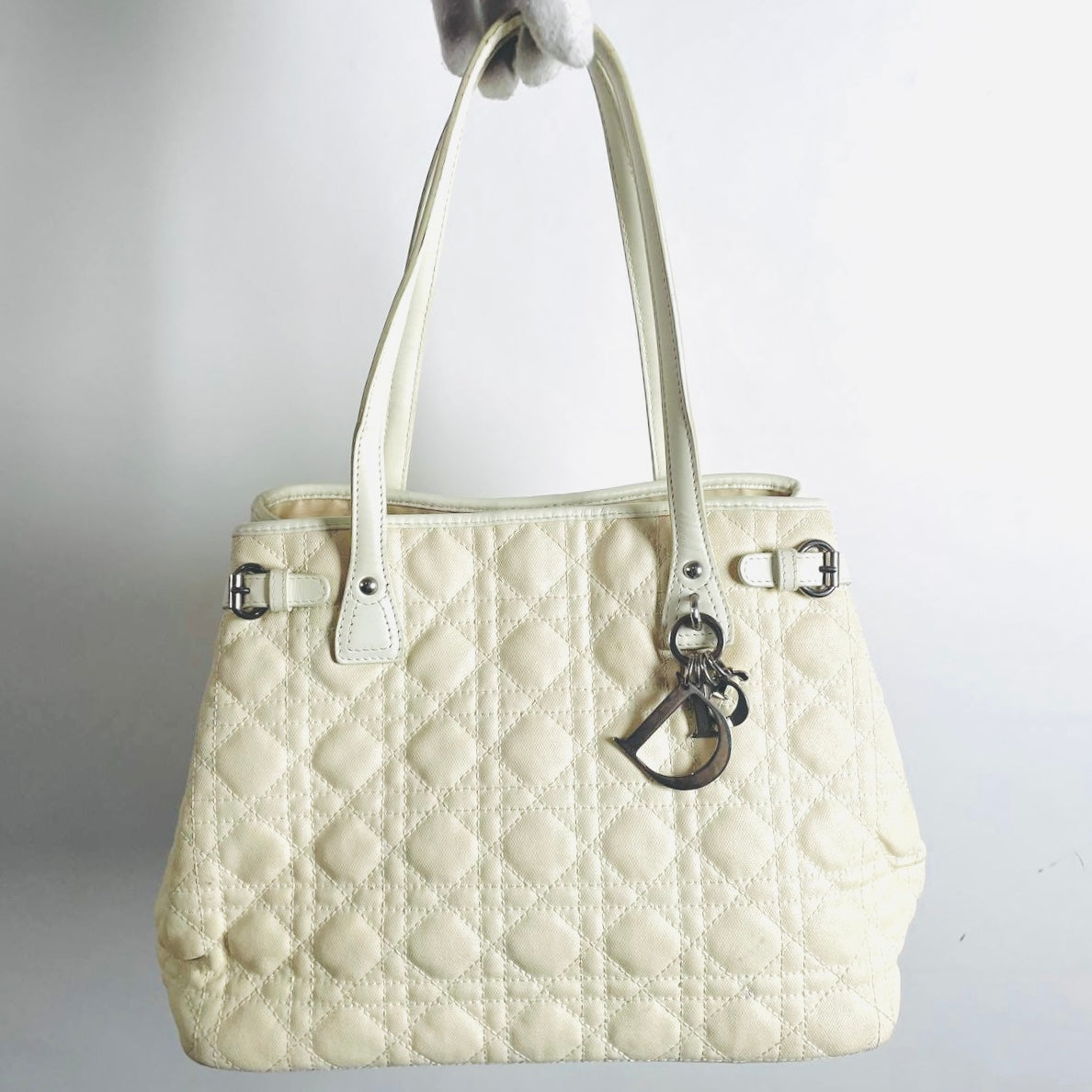 Christian Dior CD Lady Dior Cream White Cannage Quilted Shopper Shoulder Tote Bag