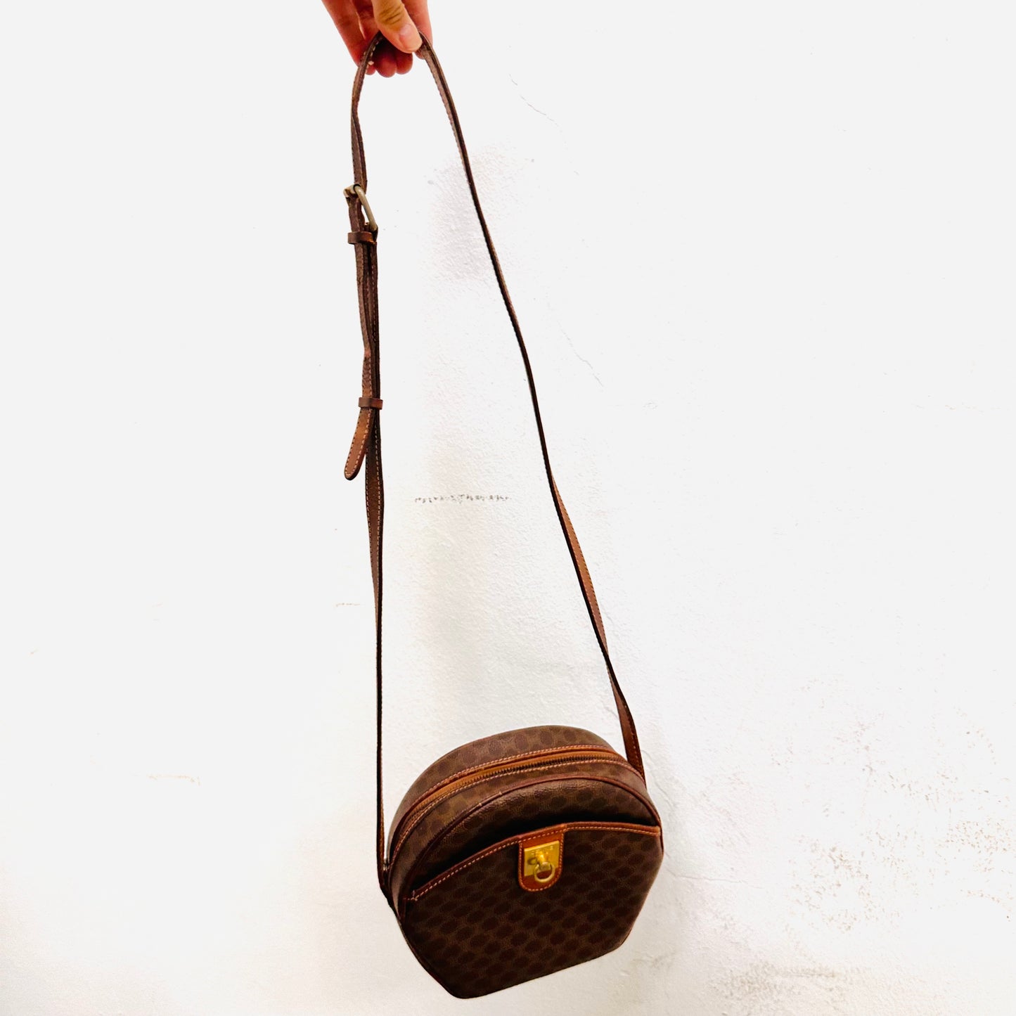 Celine Brown Triomphe Macadam Monogram Logo Small Round Vintage Shoulder Sling Bag