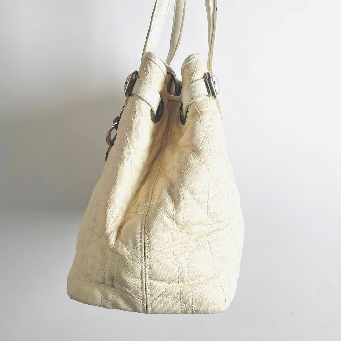 Christian Dior CD Lady Dior Cream White Cannage Quilted Shopper Shoulder Tote Bag