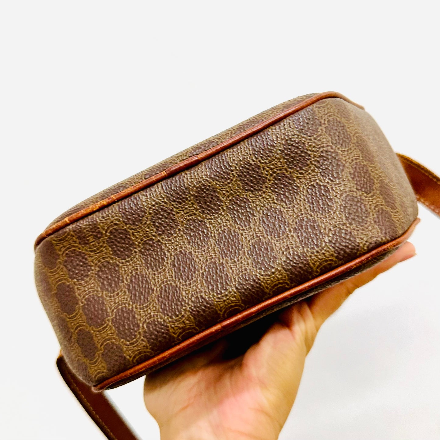 Celine Brown Triomphe Macadam Monogram Logo Small Round Vintage Shoulder Sling Bag