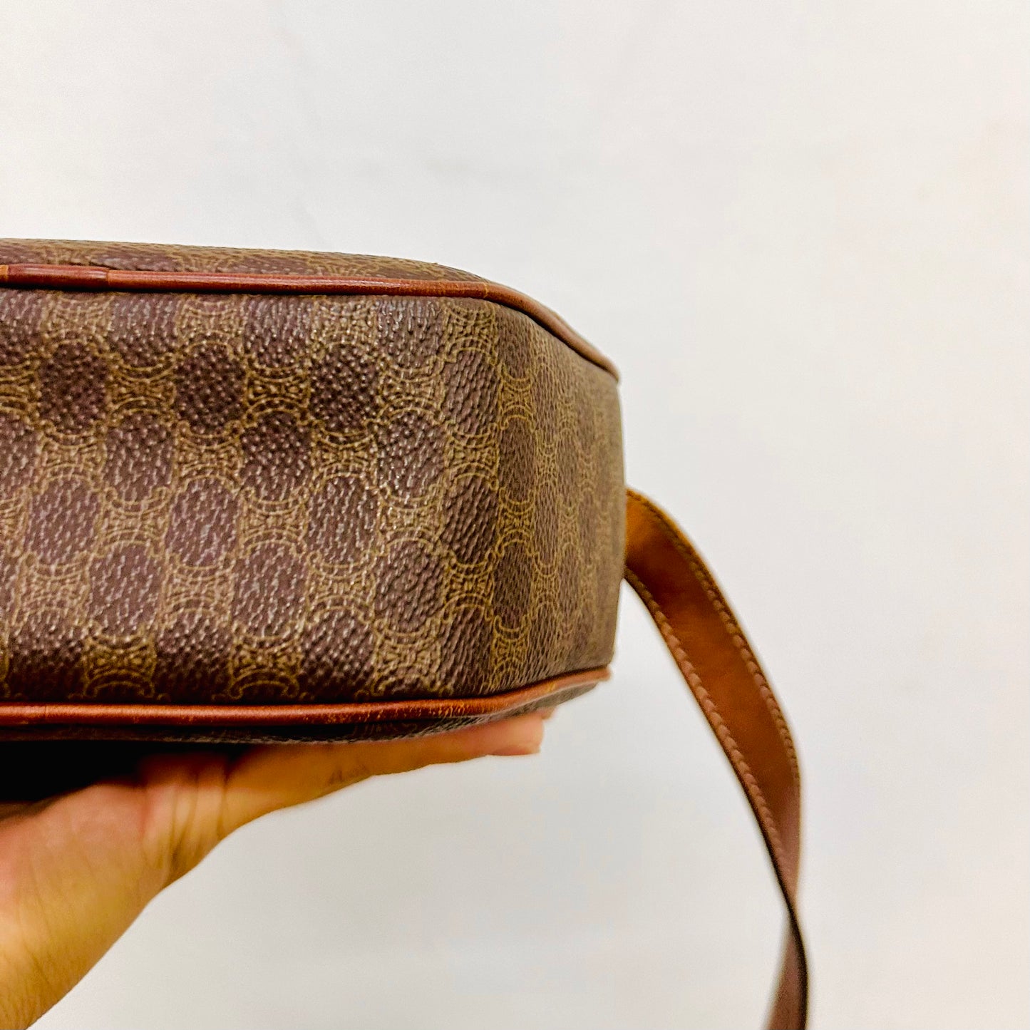 Celine Brown Triomphe Macadam Monogram Logo Small Round Vintage Shoulder Sling Bag