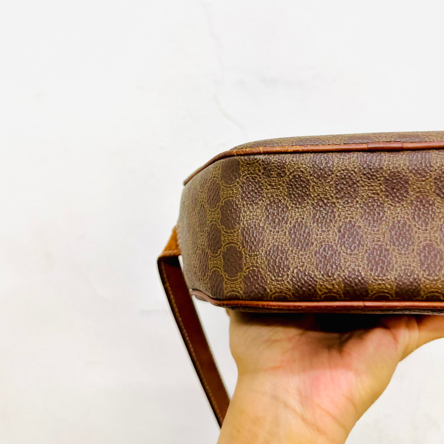 Celine Brown Triomphe Macadam Monogram Logo Small Round Vintage Shoulder Sling Bag