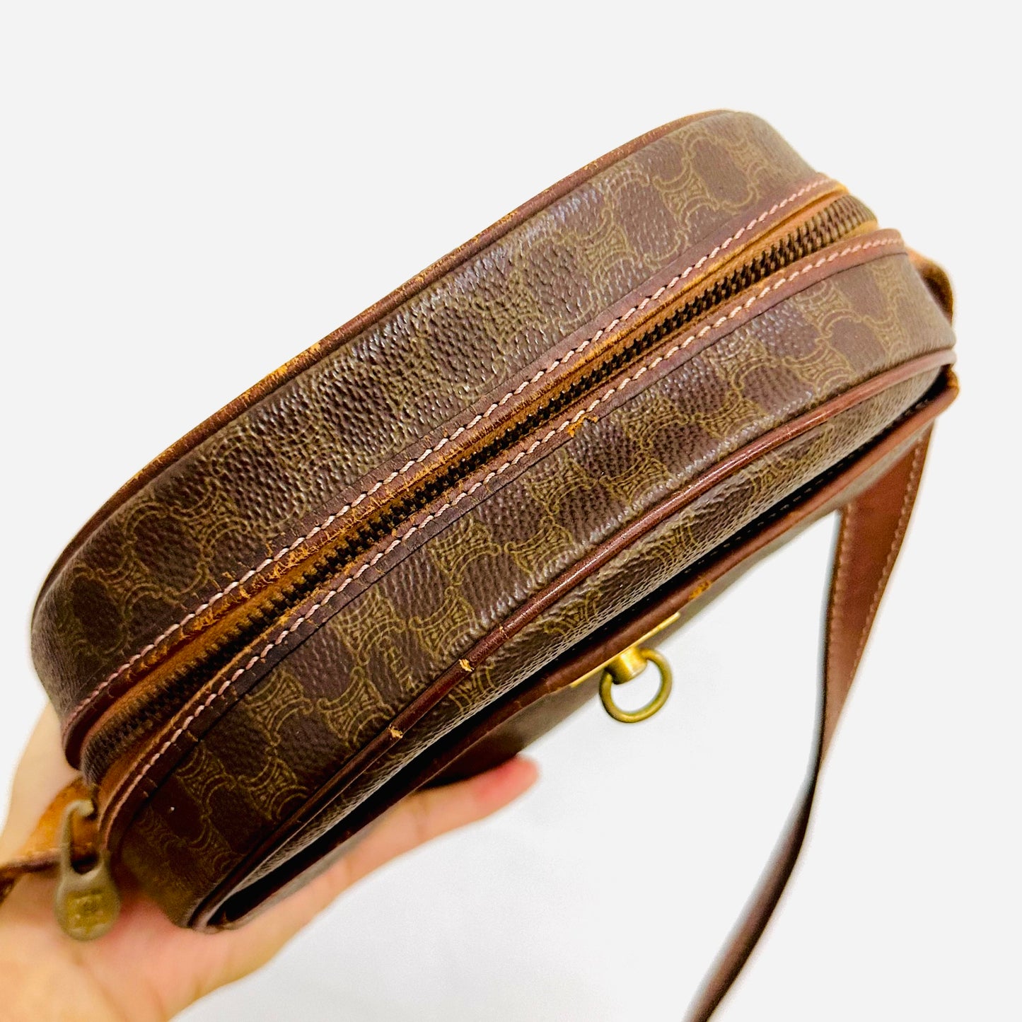 Celine Brown Triomphe Macadam Monogram Logo Small Round Vintage Shoulder Sling Bag