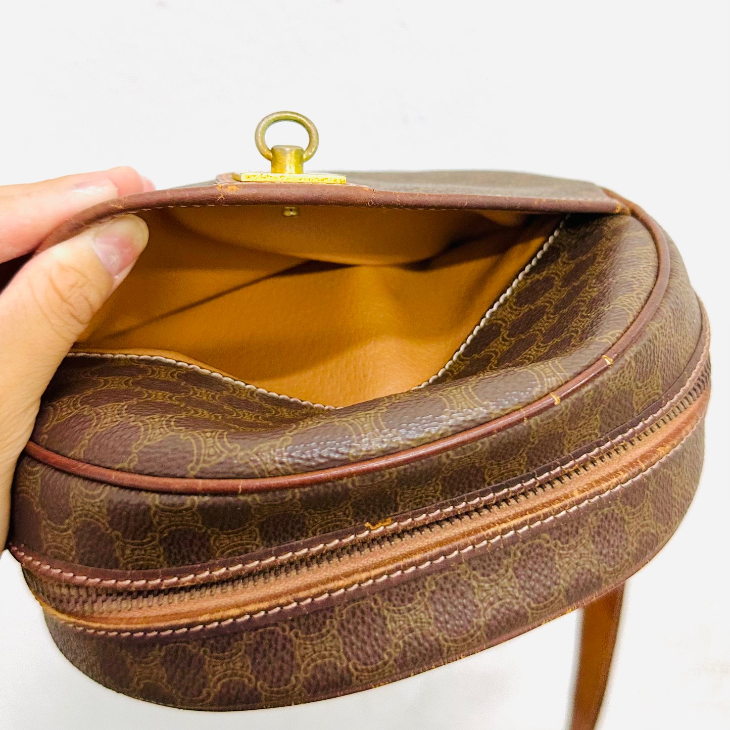 Celine Brown Triomphe Macadam Monogram Logo Small Round Vintage Shoulder Sling Bag