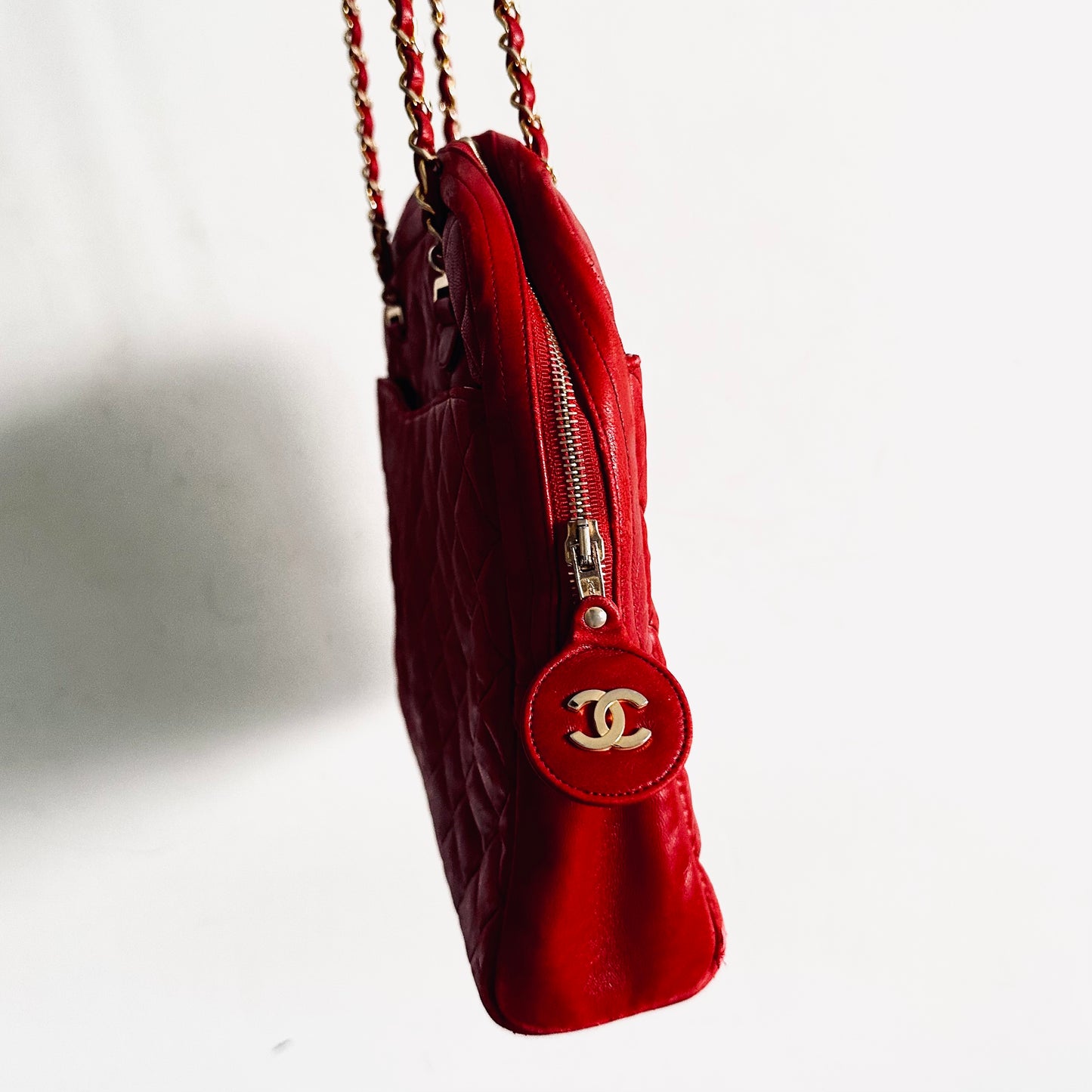 Chanel Cherry Red GHW Giant CC Logo Quilted Lambskin Vintage Shoulder Sling Tote Bag 1s