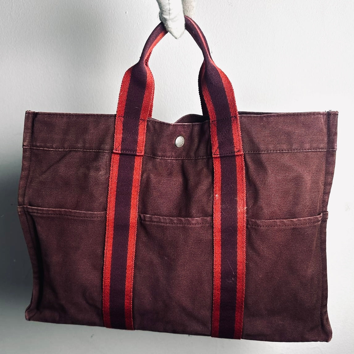 Hermes Herline Maroon Red Fourre Fool Toile MM Structured Shopper Tote Bag