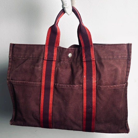 Hermes Herline Maroon Red Fourre Fool Toile MM Structured Shopper Tote Bag