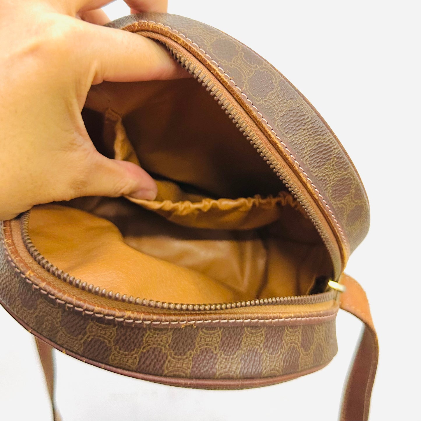 Celine Brown Triomphe Macadam Monogram Logo Small Round Vintage Shoulder Sling Bag