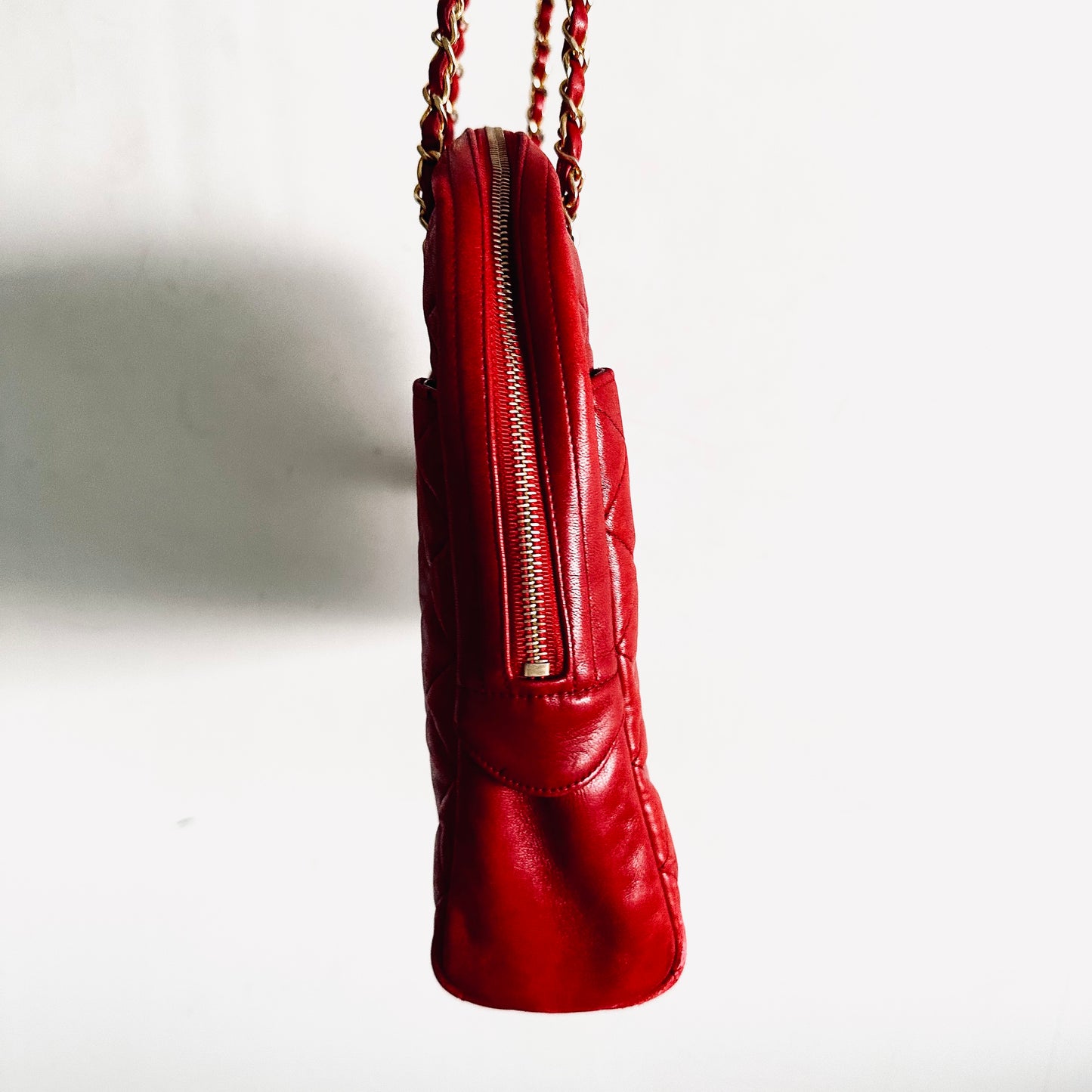 Chanel Cherry Red GHW Giant CC Logo Quilted Lambskin Vintage Shoulder Sling Tote Bag 1s