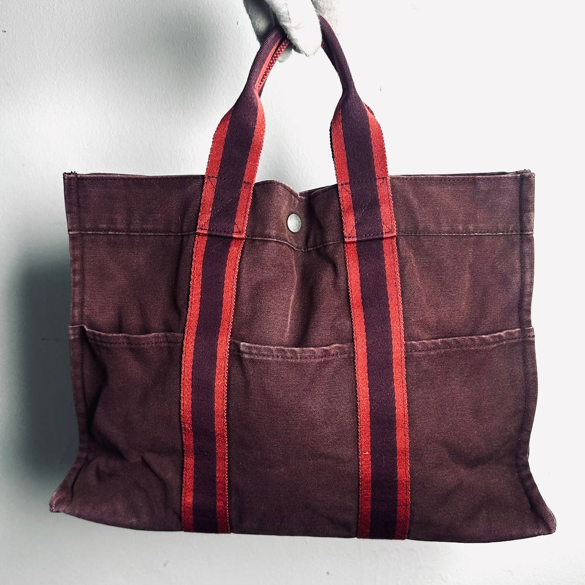 Hermes Herline Maroon Red Fourre Fool Toile MM Structured Shopper Tote Bag