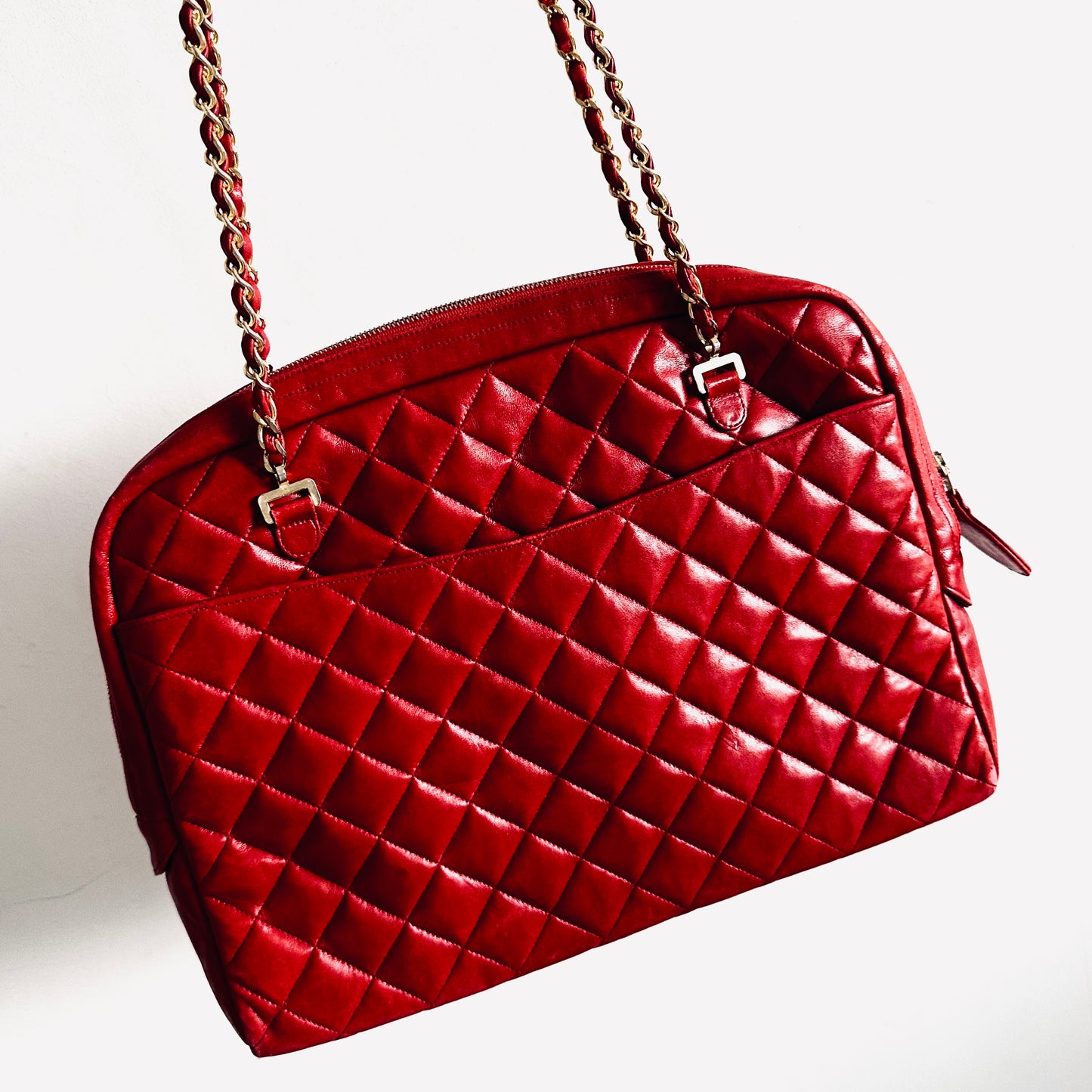 Chanel Cherry Red GHW Giant CC Logo Quilted Lambskin Vintage Shoulder Sling Tote Bag 1s