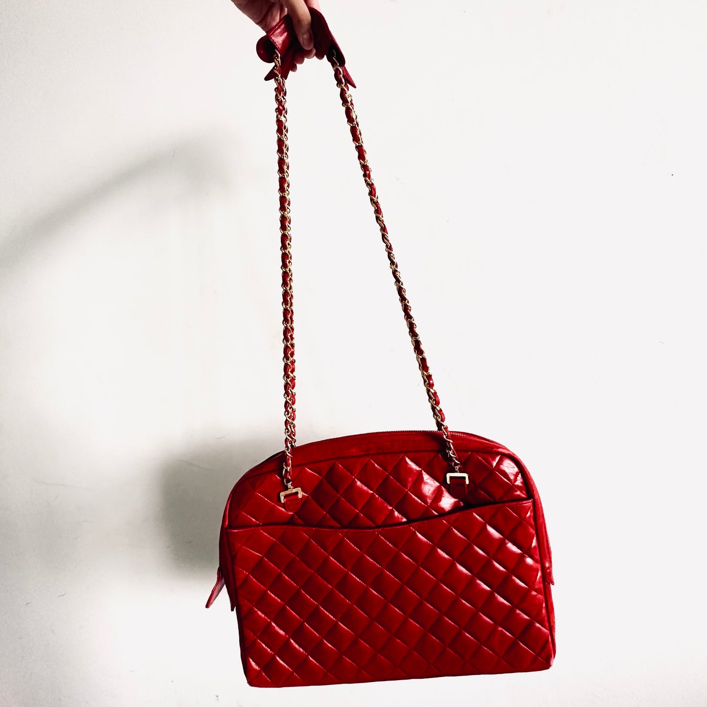 Chanel Cherry Red GHW Giant CC Logo Quilted Lambskin Vintage Shoulder Sling Tote Bag 1s
