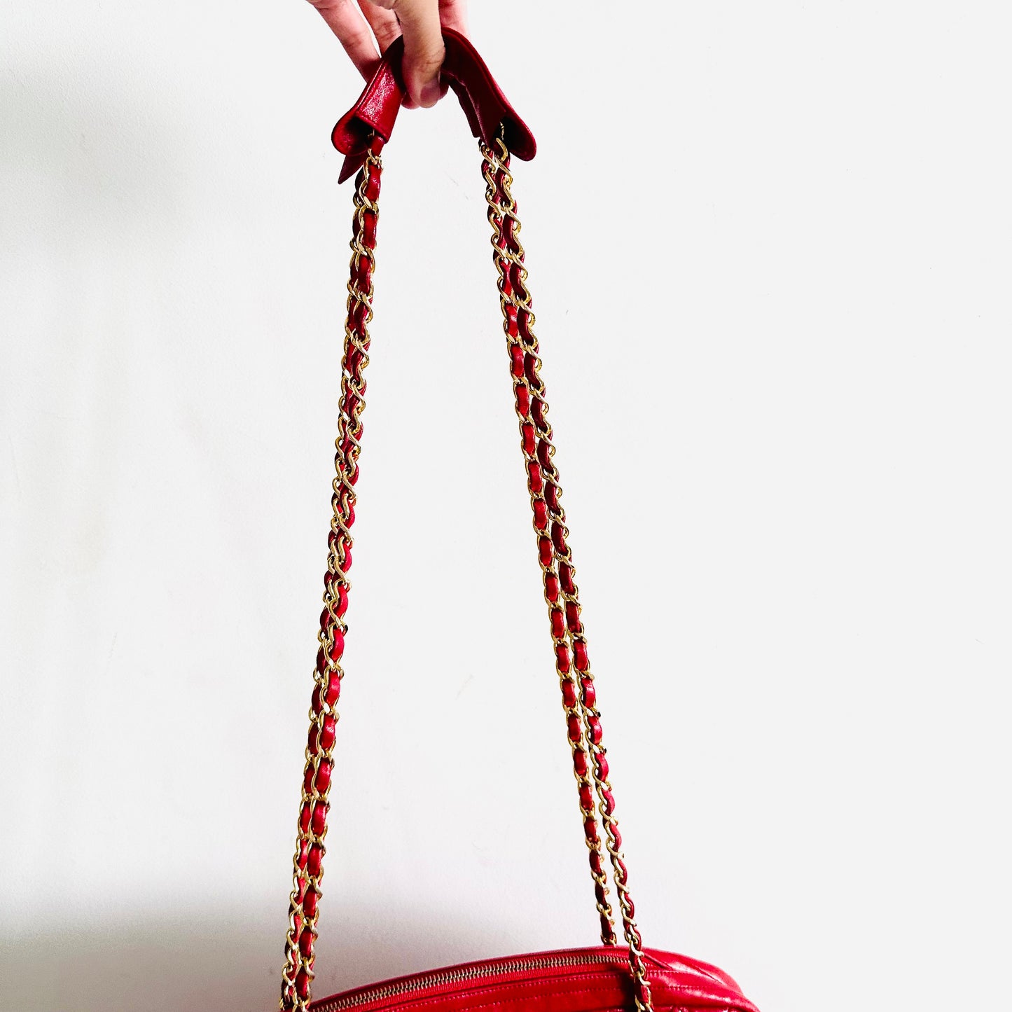 Chanel Cherry Red GHW Giant CC Logo Quilted Lambskin Vintage Shoulder Sling Tote Bag 1s