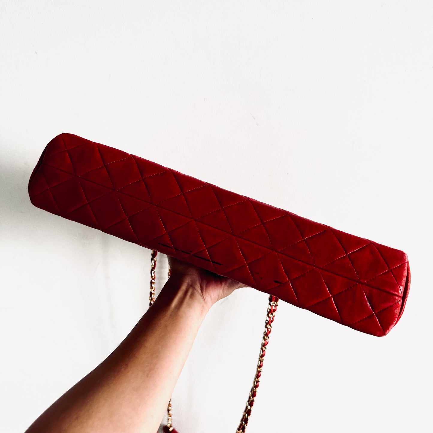 Chanel Cherry Red GHW Giant CC Logo Quilted Lambskin Vintage Shoulder Sling Tote Bag 1s