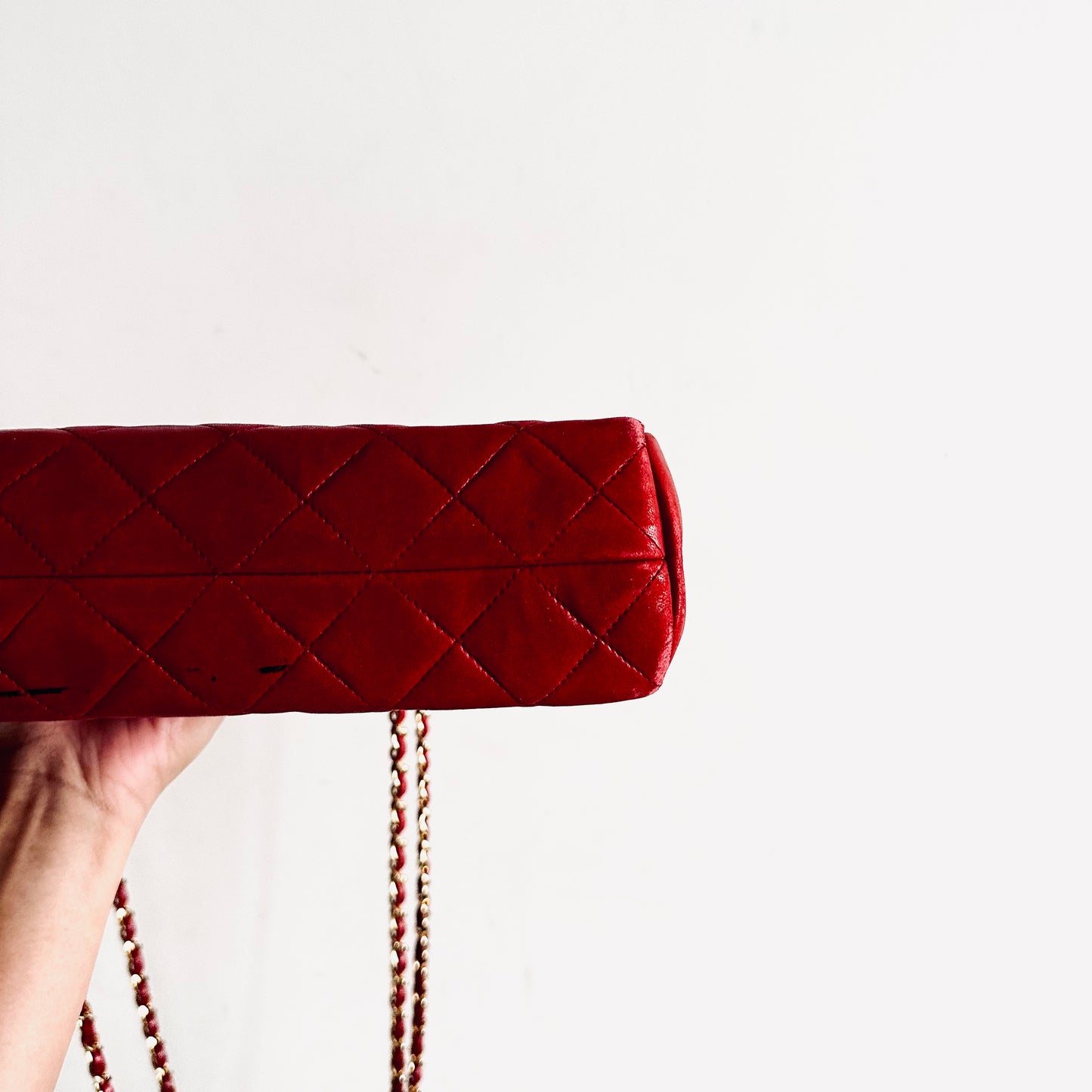 Chanel Cherry Red GHW Giant CC Logo Quilted Lambskin Vintage Shoulder Sling Tote Bag 1s