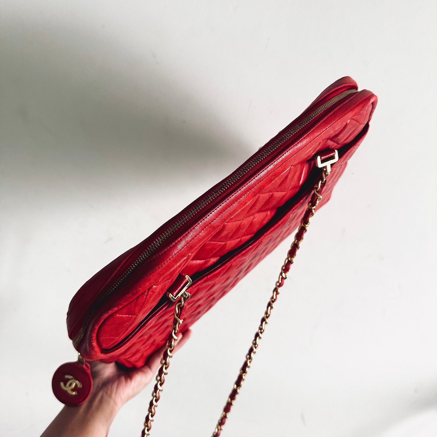 Chanel Cherry Red GHW Giant CC Logo Quilted Lambskin Vintage Shoulder Sling Tote Bag 1s