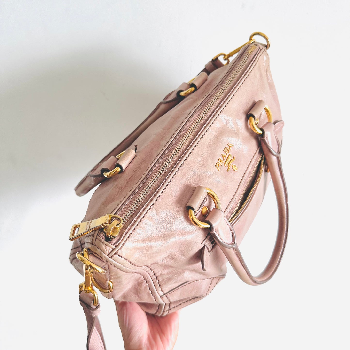 Prada Blush Pink GHW Classic Monogram Logo 2-Way Leather Shopper Shoulder Sling Tote Bag
