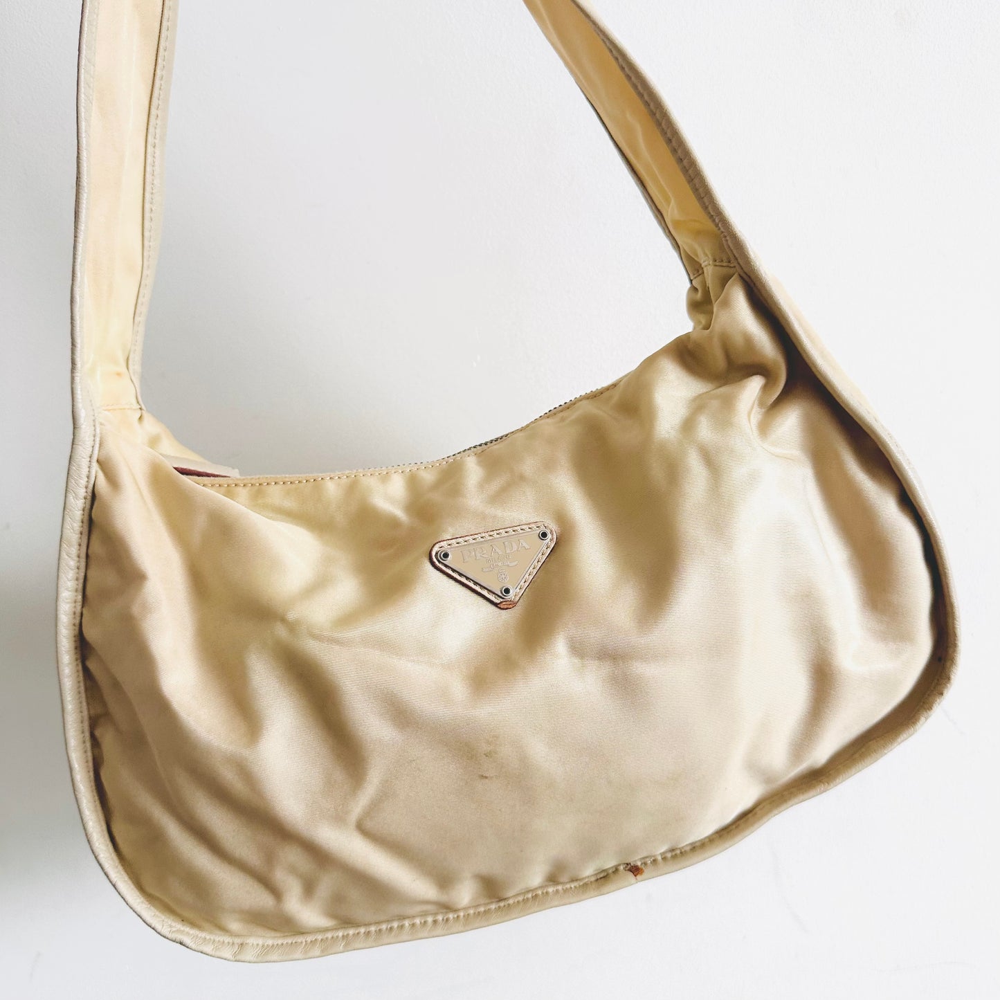 Prada Cream White Tessuto Classic Logo Nylon Baguette Hobo Pochette Shoulder Bag