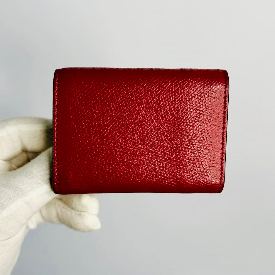 Fendi Red GHW Giant FF Monogram Logo F-Is Calfskin Leather Flap Micro Trifold Compact Wallet