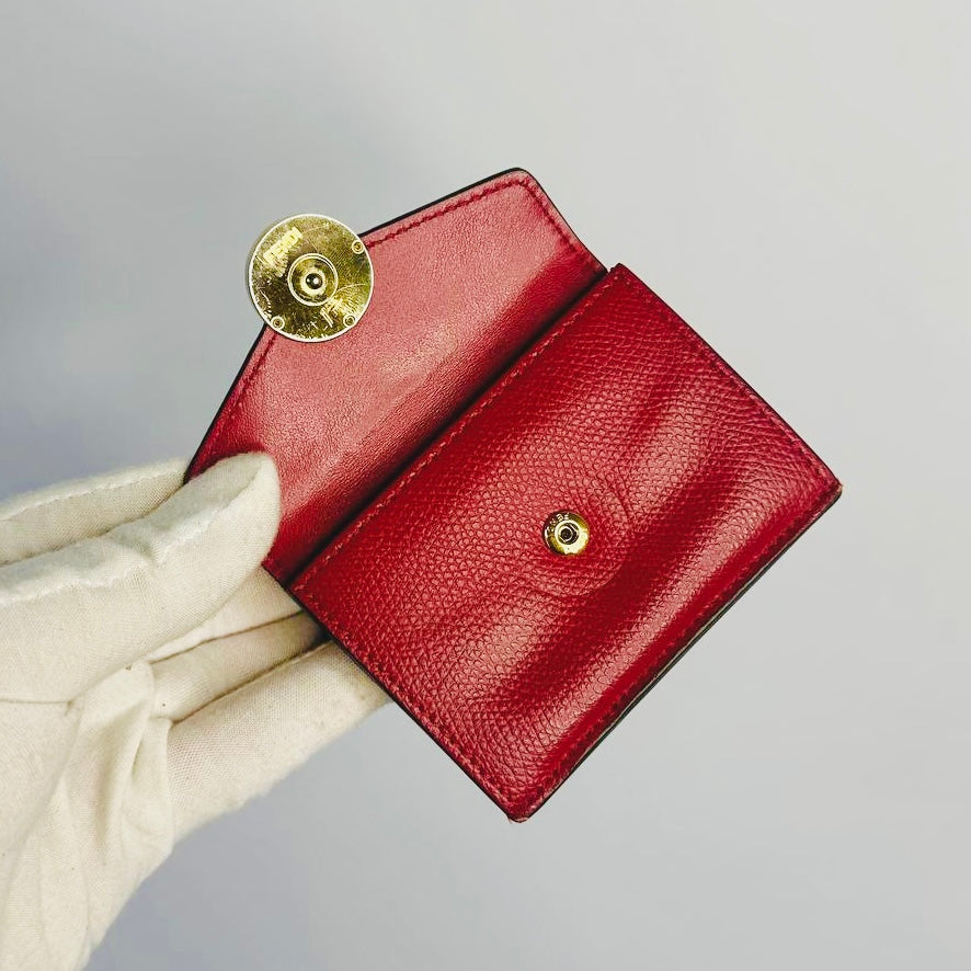 Fendi Red GHW Giant FF Monogram Logo F-Is Calfskin Leather Flap Micro Trifold Compact Wallet