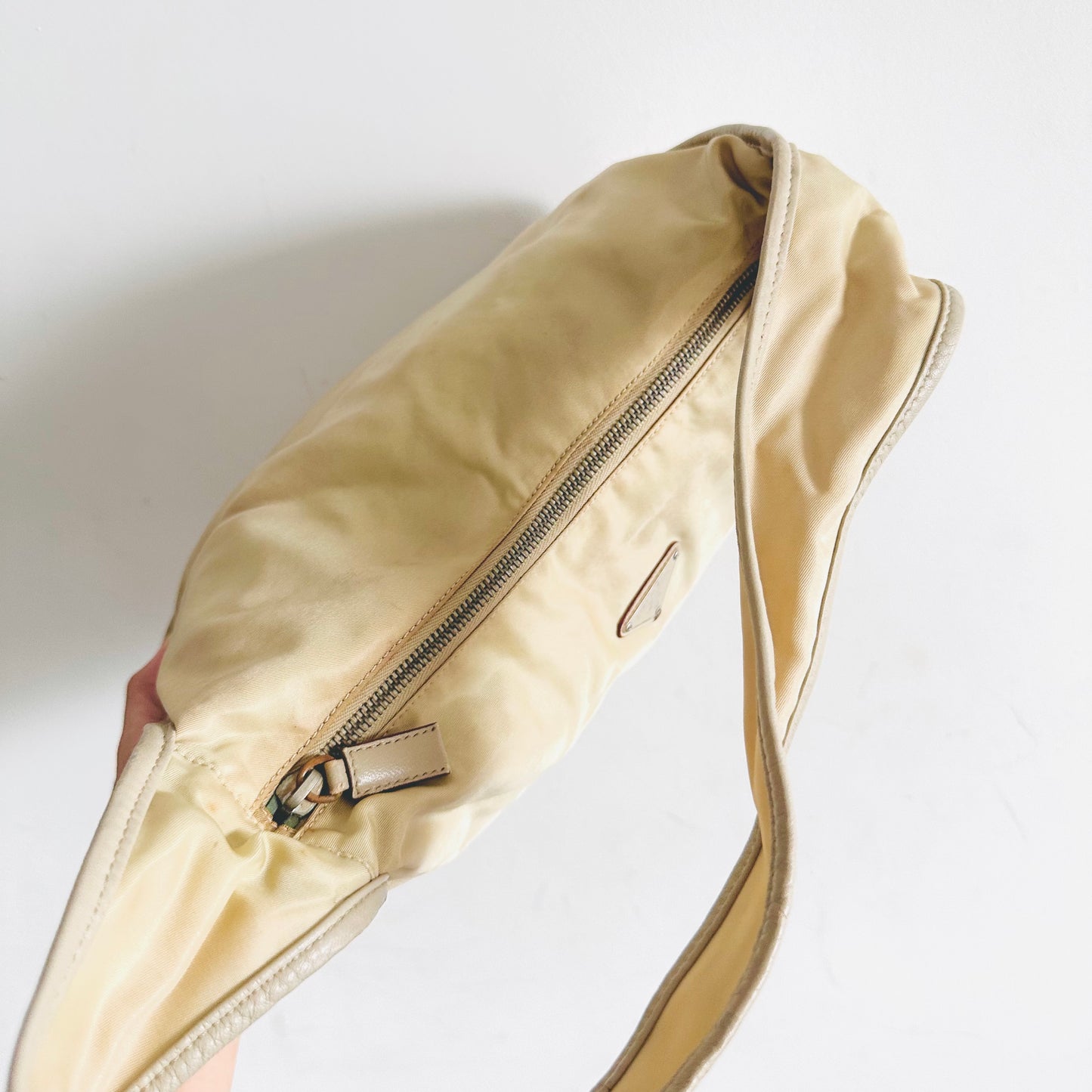 Prada Cream White Tessuto Classic Logo Nylon Baguette Hobo Pochette Shoulder Bag