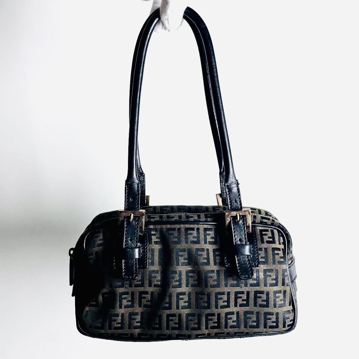 Fendi Dark Brown / Black Zucca FF Monogram Logo Small Boston Shoulder Shopper Tote Bag