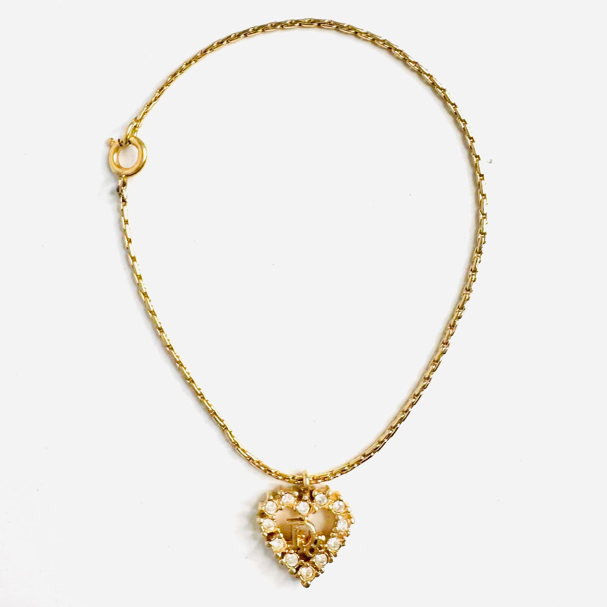 Christian Dior CD Giant Monogram Logo Gold Heart & Crystals Chain Bracelet