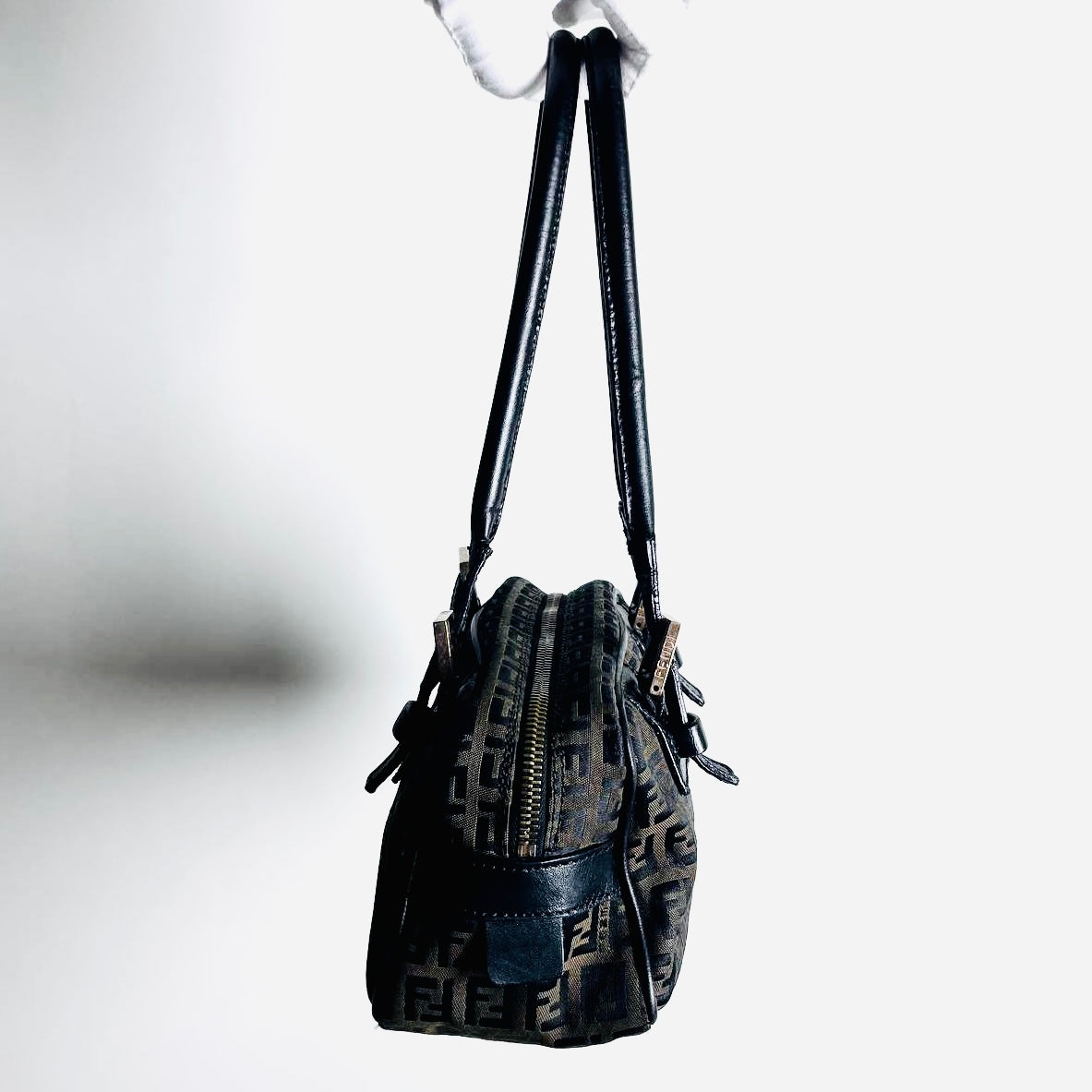Fendi Dark Brown / Black Zucca FF Monogram Logo Small Boston Shoulder Shopper Tote Bag