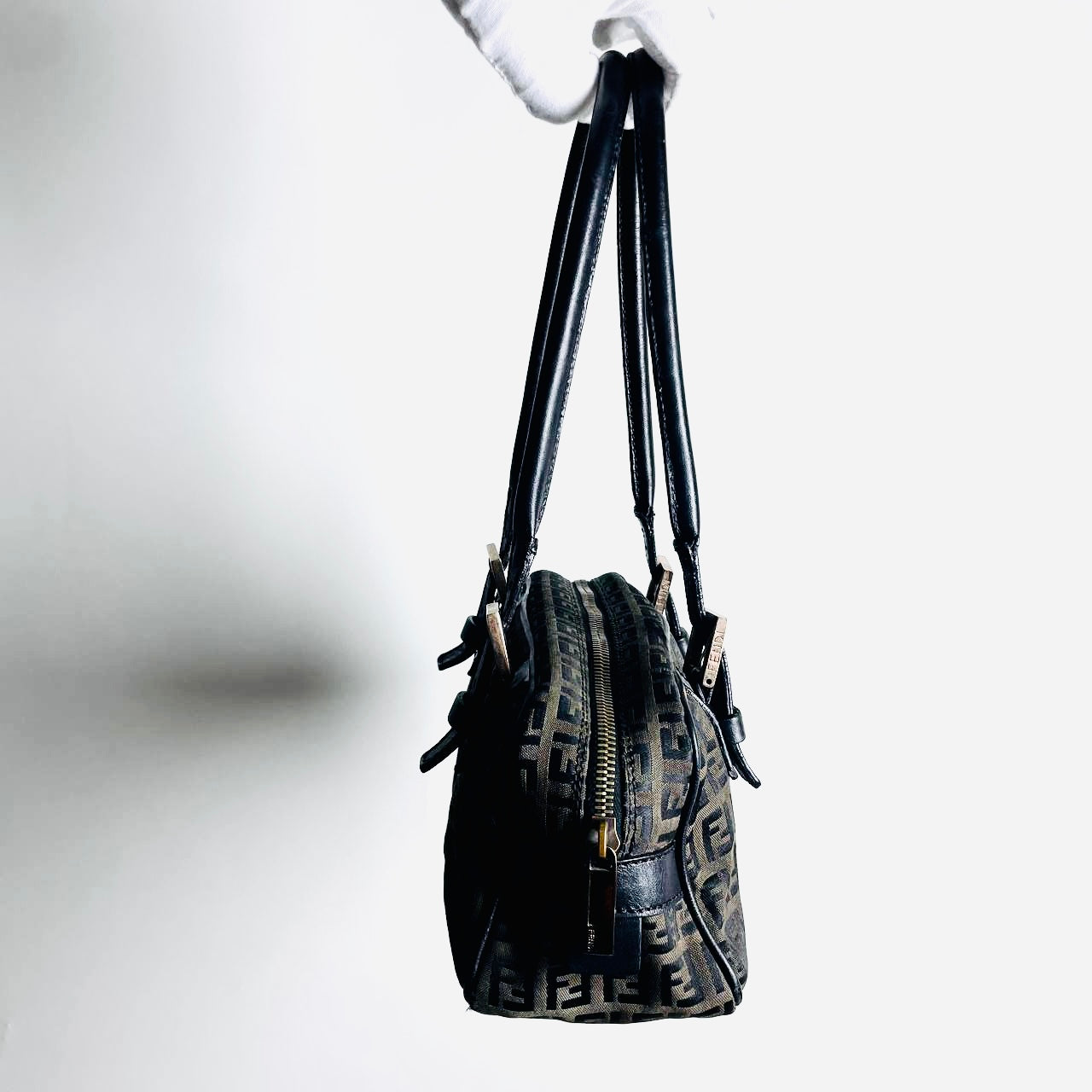Fendi Dark Brown / Black Zucca FF Monogram Logo Small Boston Shoulder Shopper Tote Bag