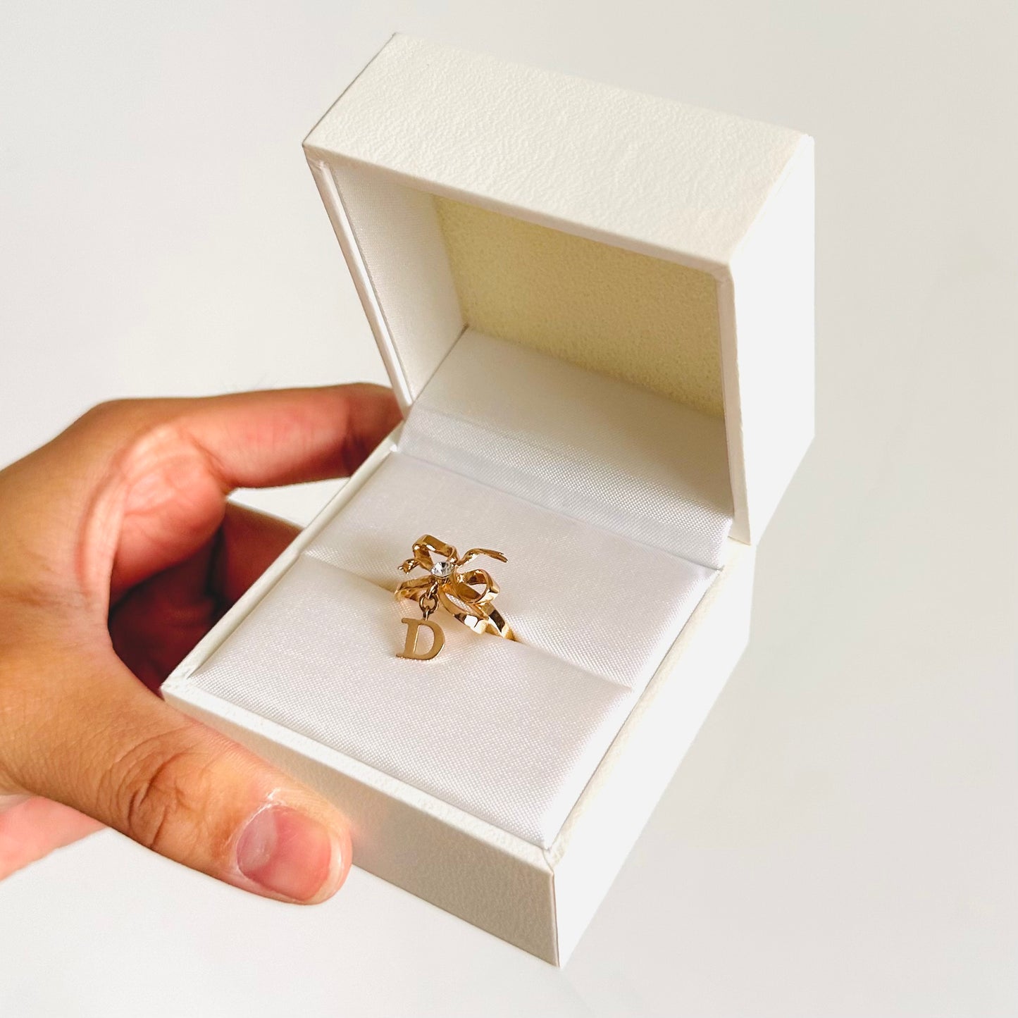 Christian Dior CD Classic Gold Monogram Logo Charm Bow Ribbon Ring