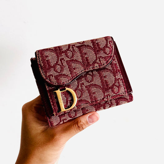 Christian Dior CD Maroon Red GHW Saddle Lotus Oblique Monogram Logo Flap Trifold Compact Wallet