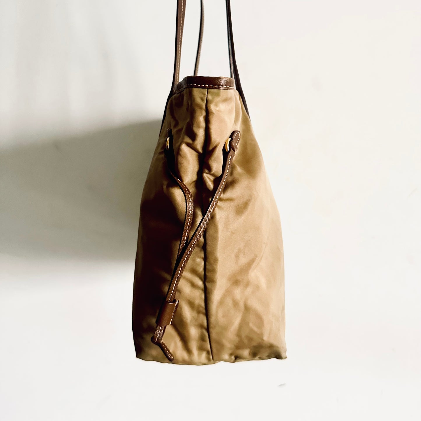 Prada Beige / Brown GHW Tessuto Classic Logo Nylon & Leather Shopper Shoulder Tote Bag