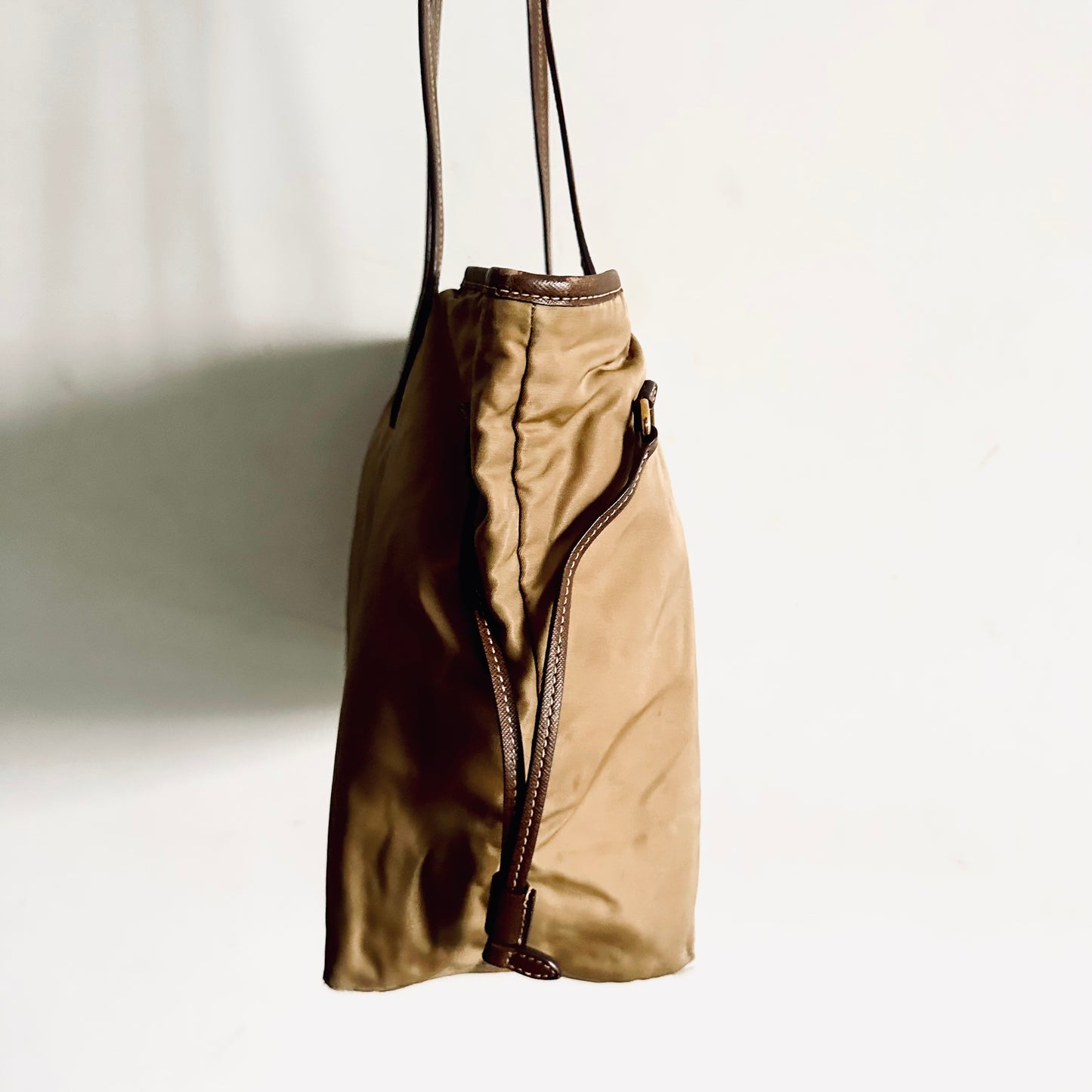 Prada Beige / Brown GHW Tessuto Classic Logo Nylon & Leather Shopper Shoulder Tote Bag