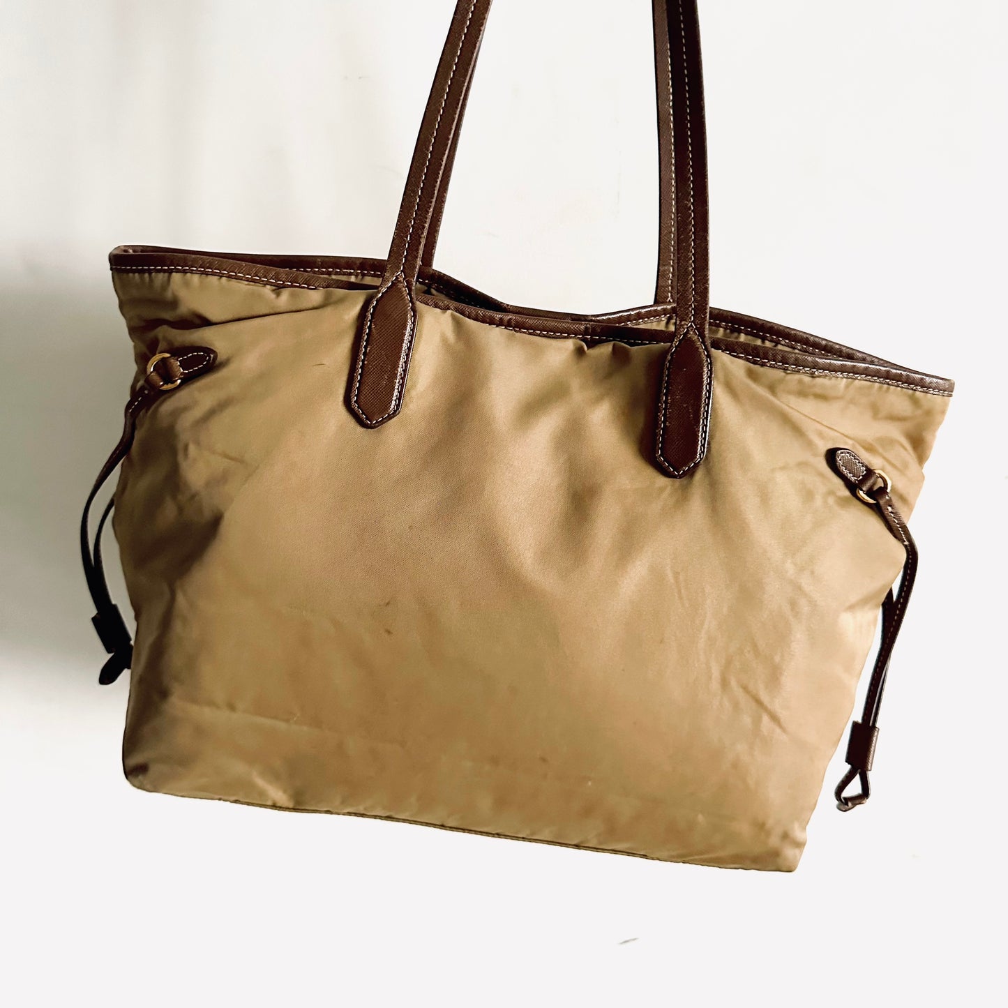 Prada Beige / Brown GHW Tessuto Classic Logo Nylon & Leather Shopper Shoulder Tote Bag