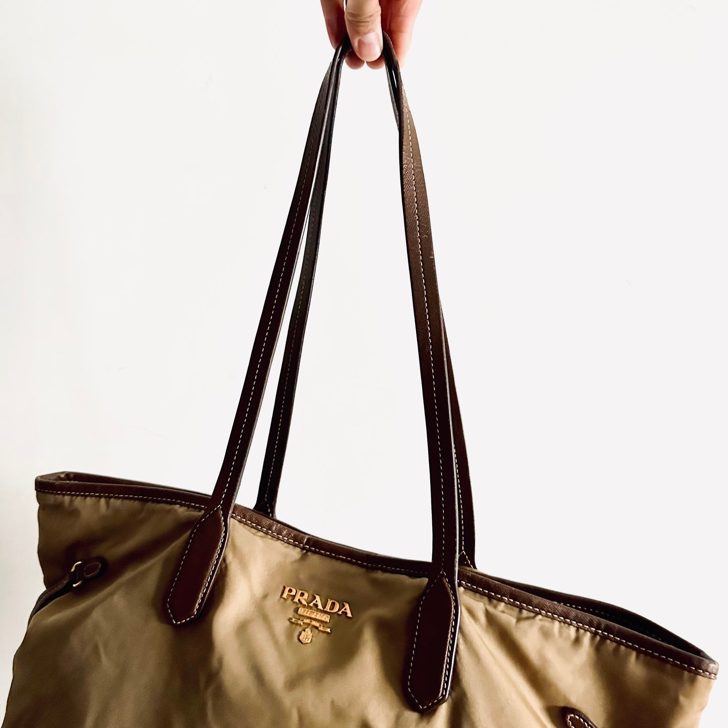 Prada Beige / Brown GHW Tessuto Classic Logo Nylon & Leather Shopper Shoulder Tote Bag