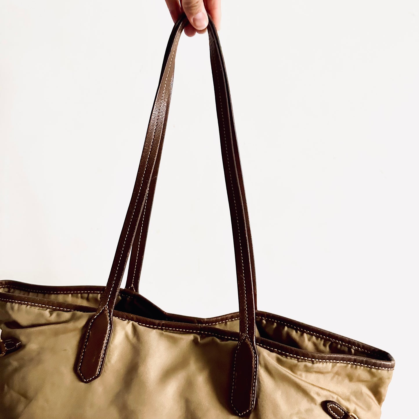Prada Beige / Brown GHW Tessuto Classic Logo Nylon & Leather Shopper Shoulder Tote Bag