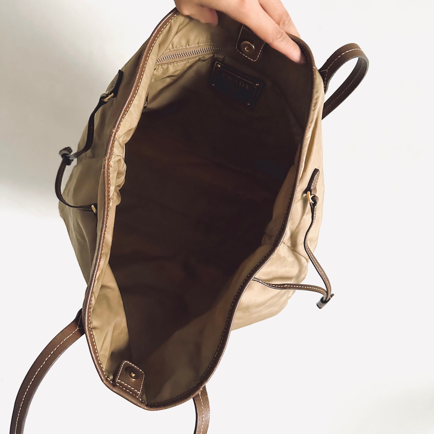 Prada Beige / Brown GHW Tessuto Classic Logo Nylon & Leather Shopper Shoulder Tote Bag