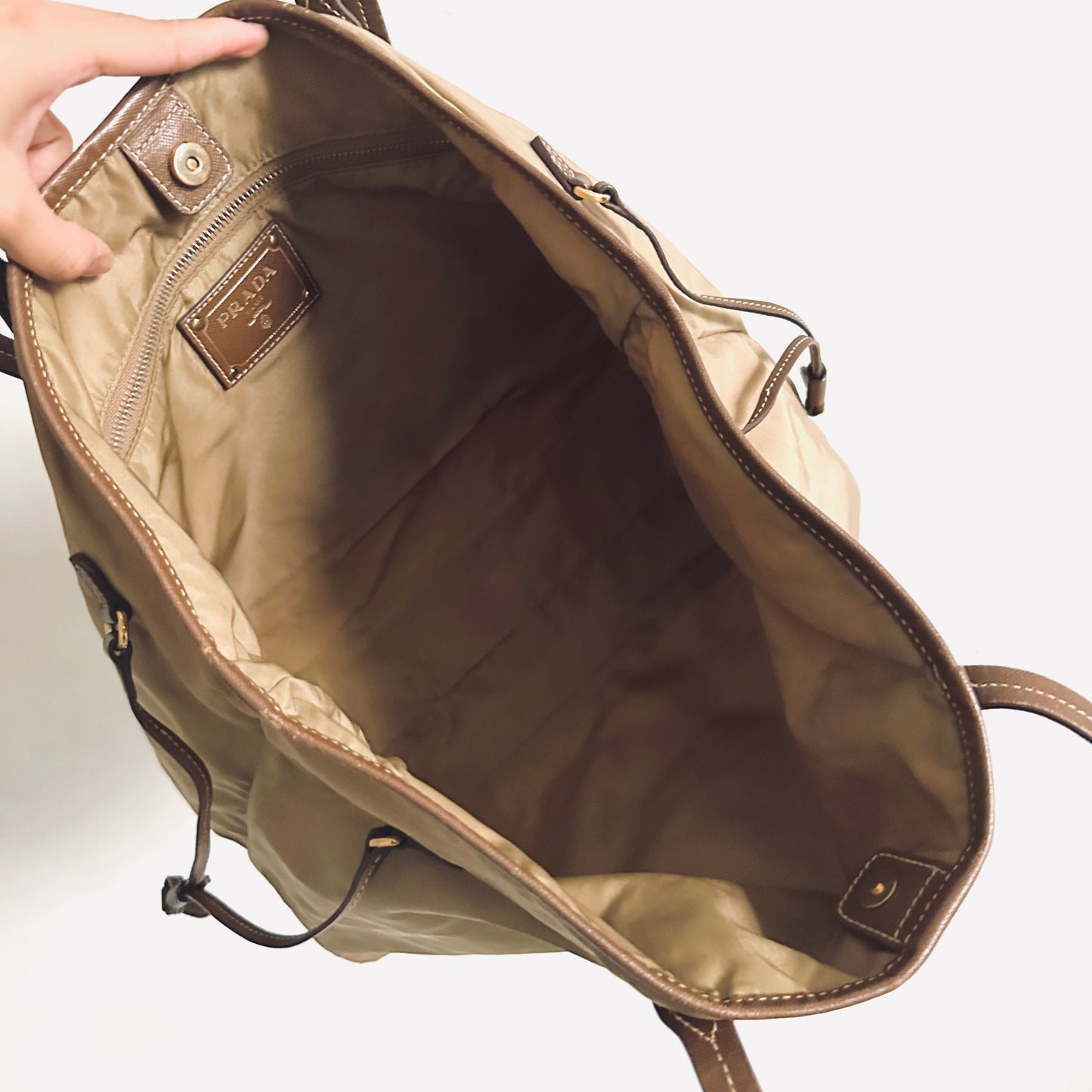Prada Beige / Brown GHW Tessuto Classic Logo Nylon & Leather Shopper Shoulder Tote Bag
