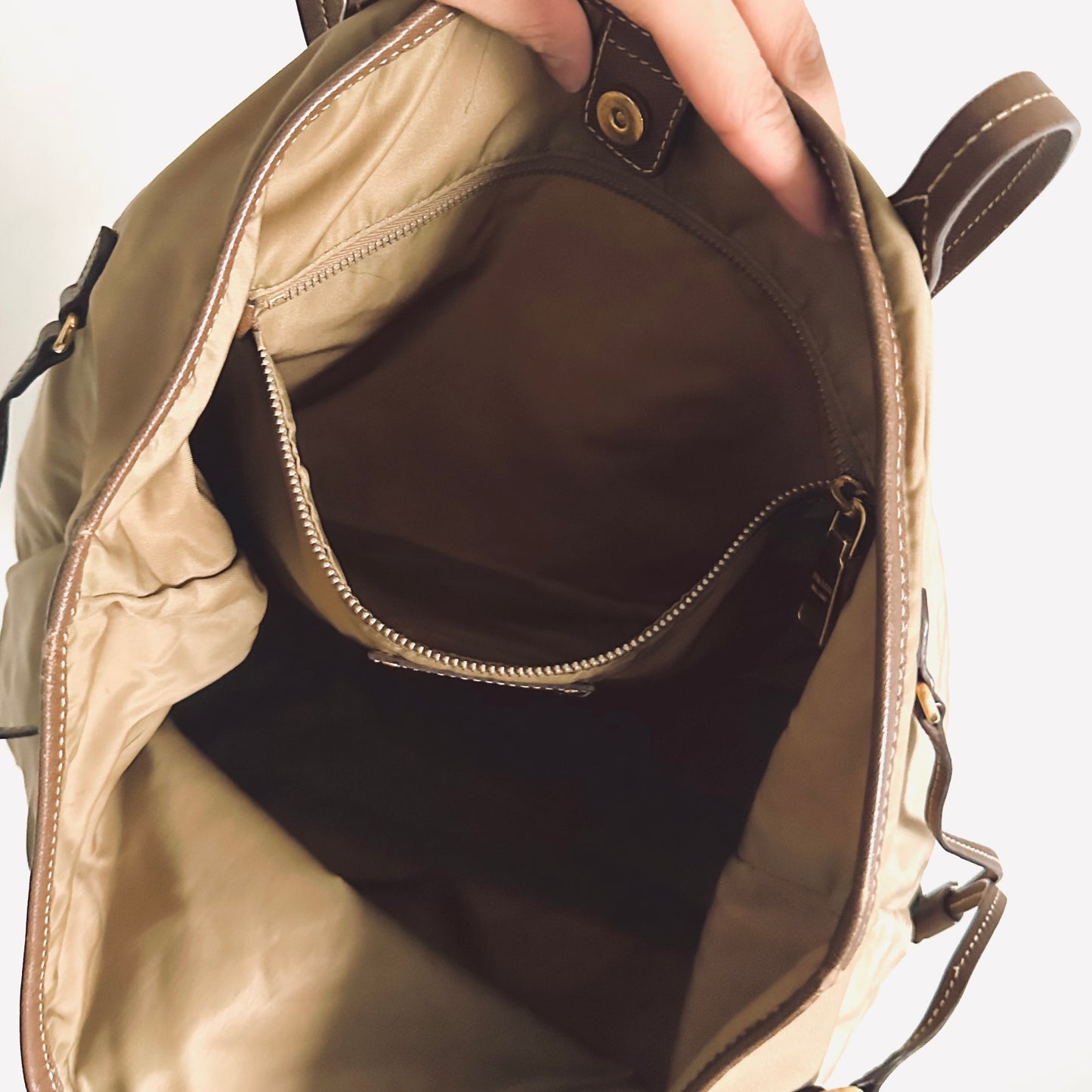 Prada Beige / Brown GHW Tessuto Classic Logo Nylon & Leather Shopper Shoulder Tote Bag