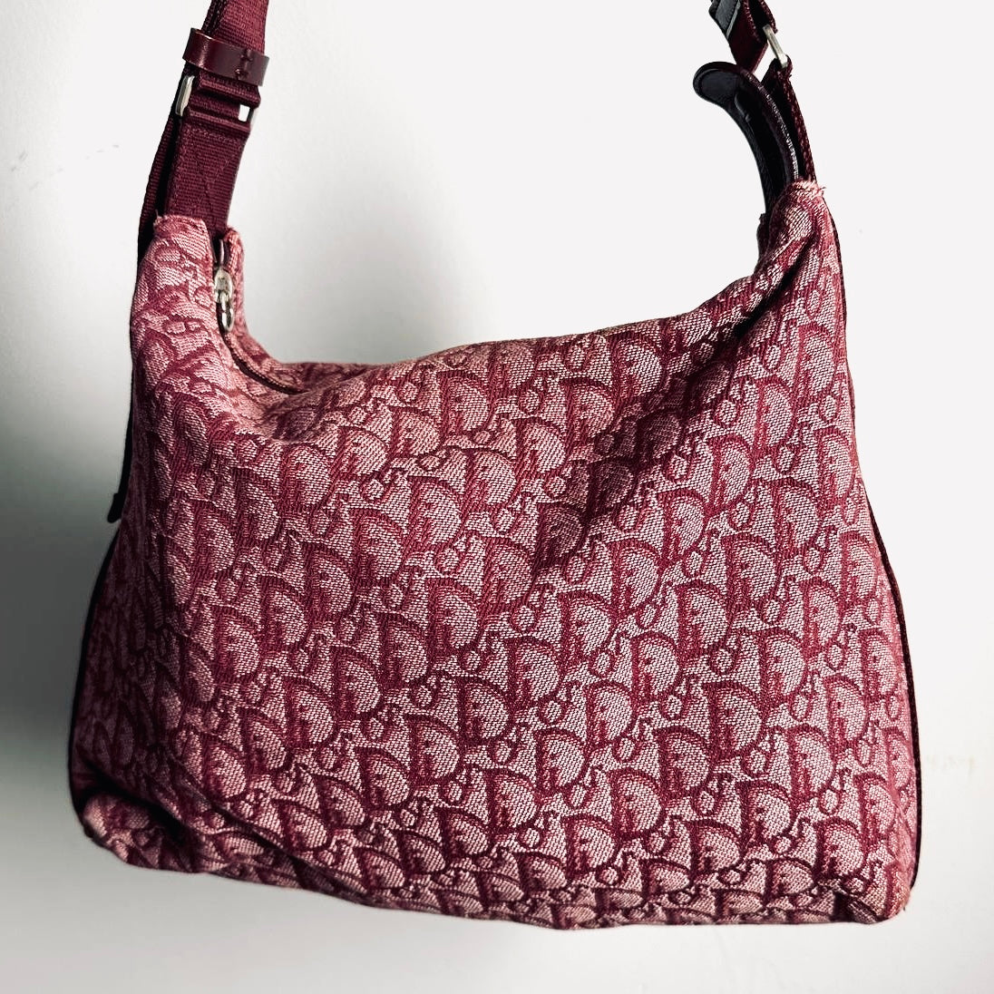 Christian Dior CD Saddle Maroon Red Oblique Monogram Logo Hobo Baguette Shoulder Sling Bag