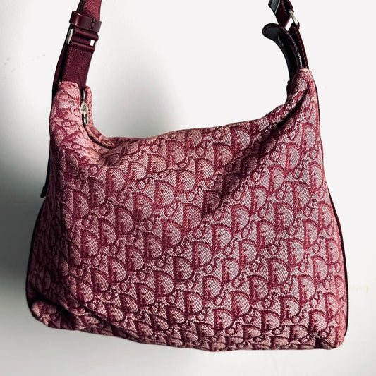 Christian Dior CD Saddle Maroon Red Oblique Monogram Logo Hobo Baguette Shoulder Sling Bag