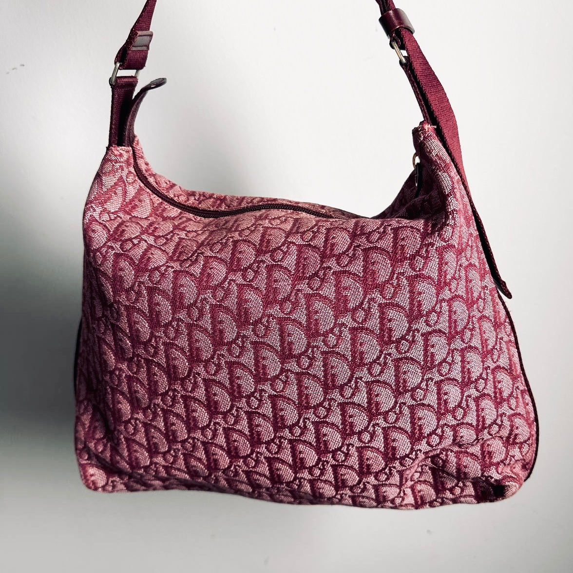Christian Dior CD Saddle Maroon Red Oblique Monogram Logo Hobo Baguette Shoulder Sling Bag