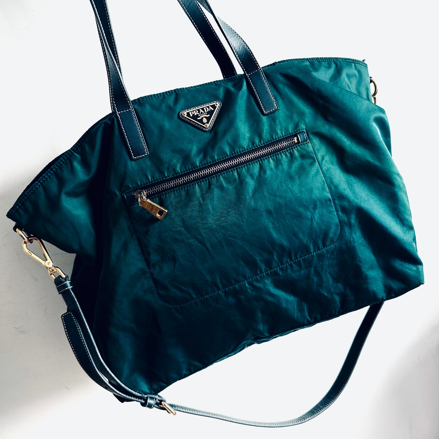 Prada Jade Green Malachite GHW Classic Monogram Logo 2-Way Nylon & Leather Shopper Shoulder Sling Tote Bag